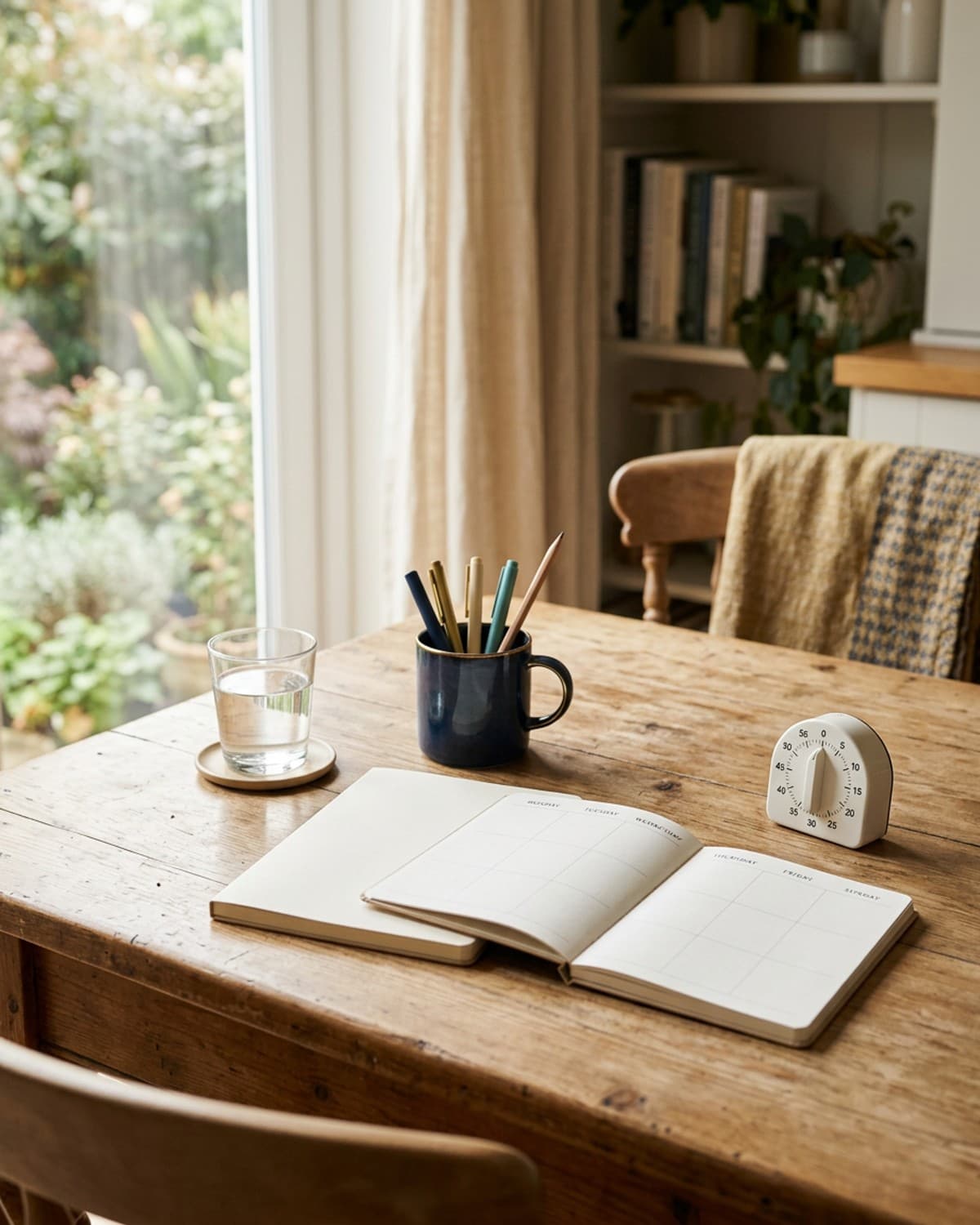 A kitchen table set for focused work: an open planner, a timer, pencils and a glass of water