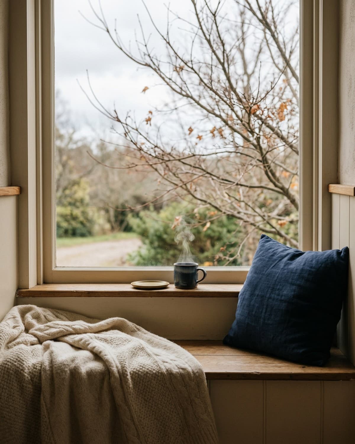 A window seat at home with a blanket, a cushion and a mug of tea, bare branches outside