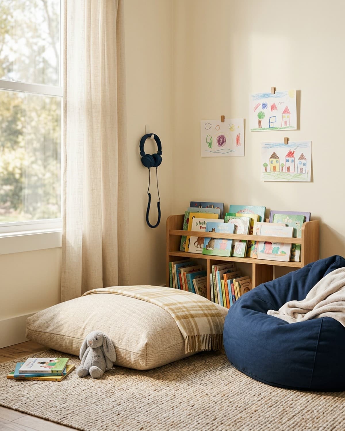 A child's reading nook: a floor cushion, a beanbag, a shelf of books and drawings on the wall