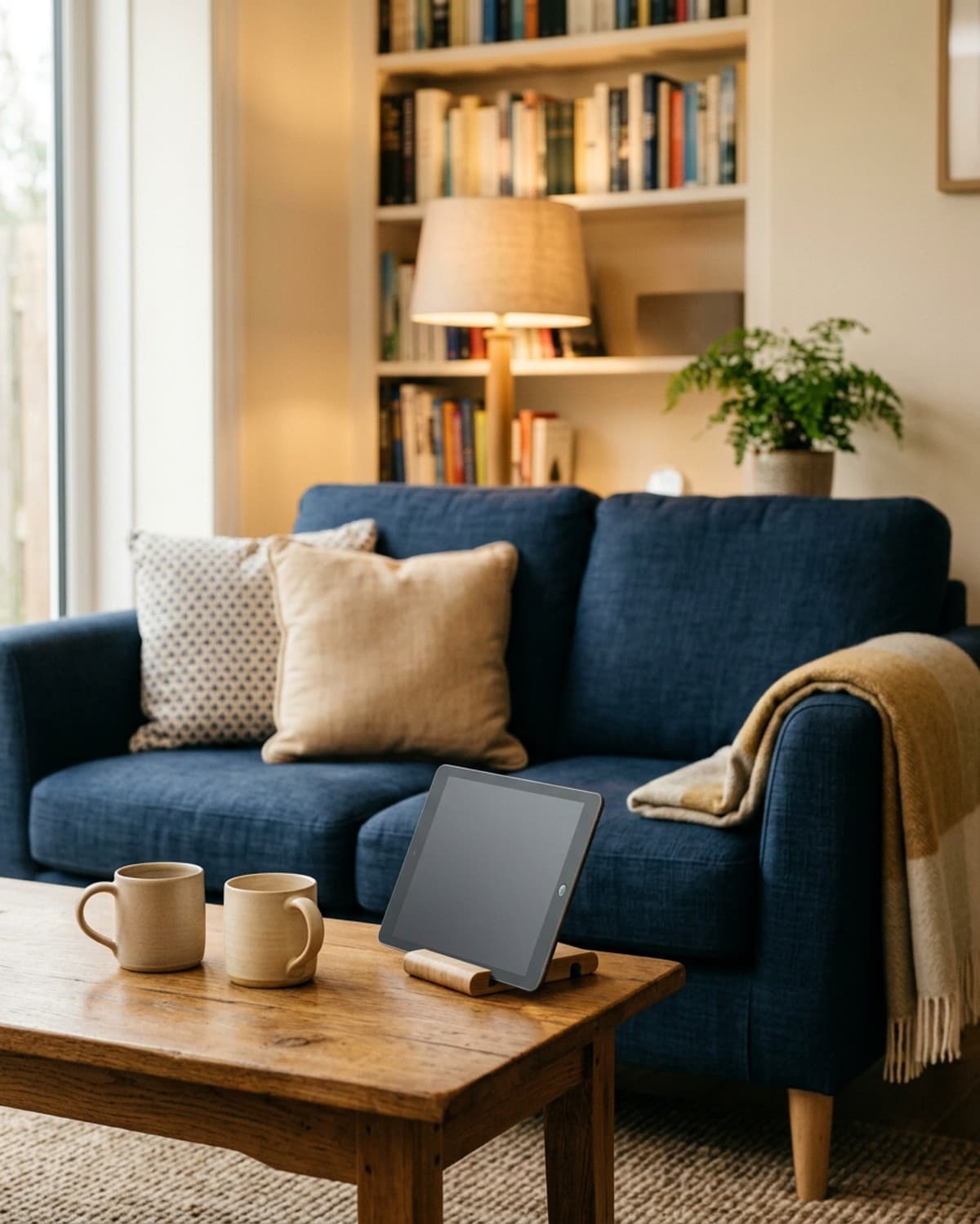 A living room sofa with two mugs on the coffee table and a tablet propped up for a video session