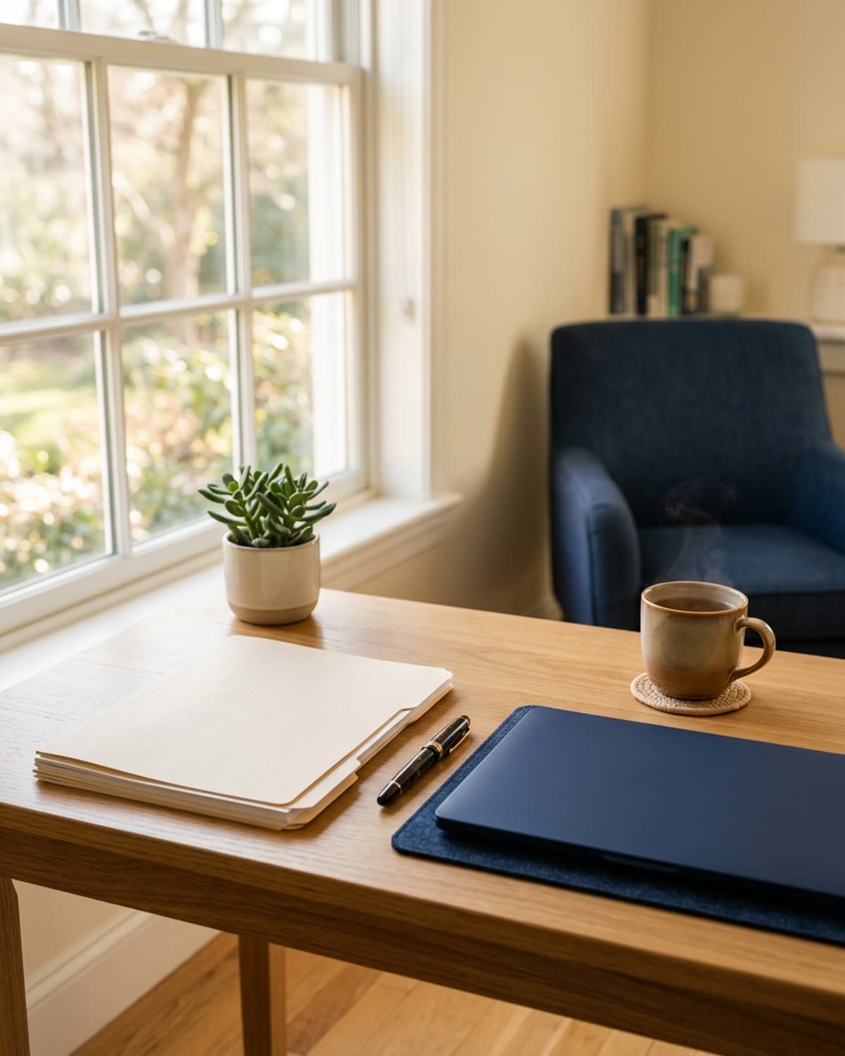 A tidy desk by a window with a stack of forms, a pen, a closed laptop and a cup of tea