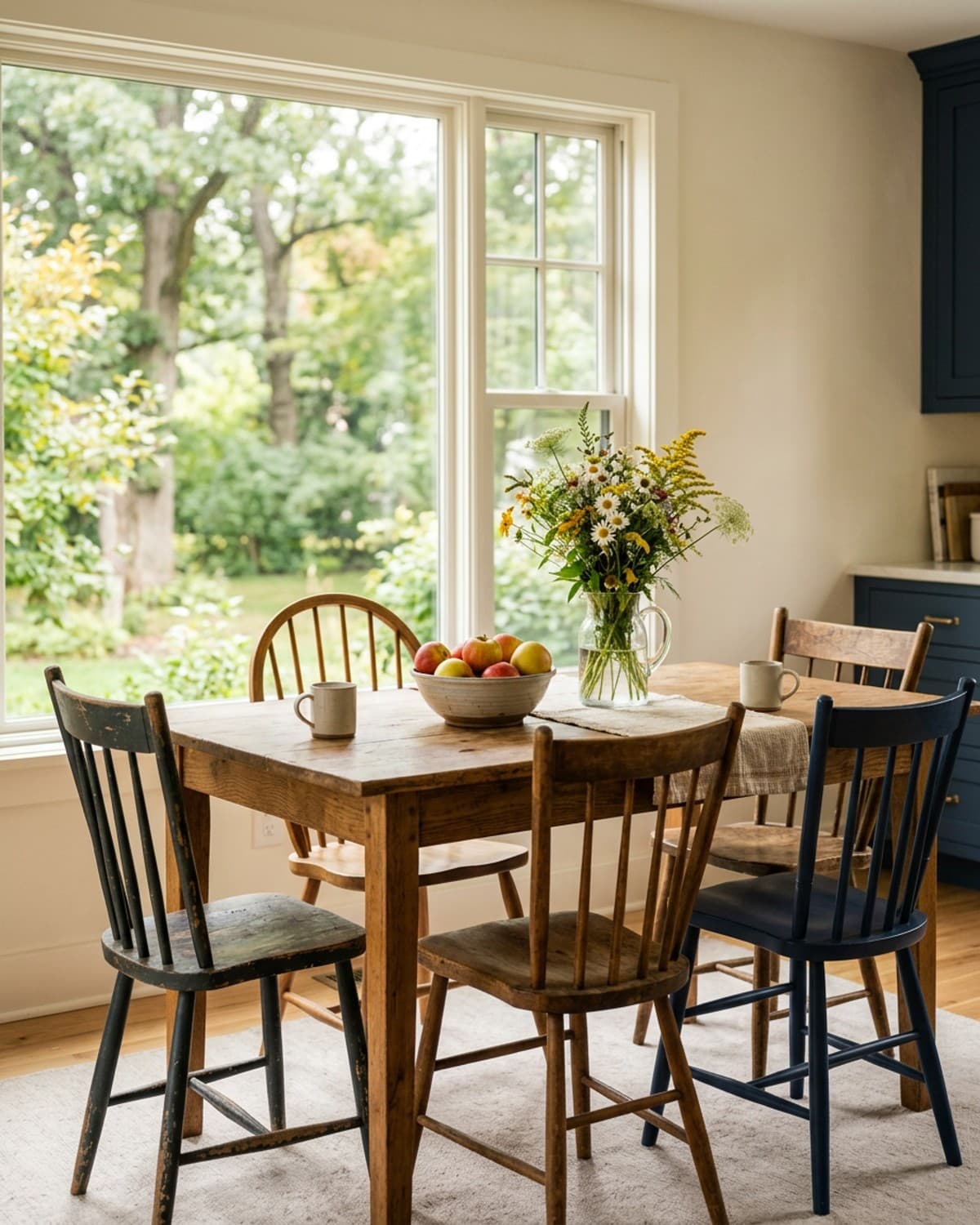 A family kitchen table with mismatched chairs, a bowl of apples and wildflowers in morning light