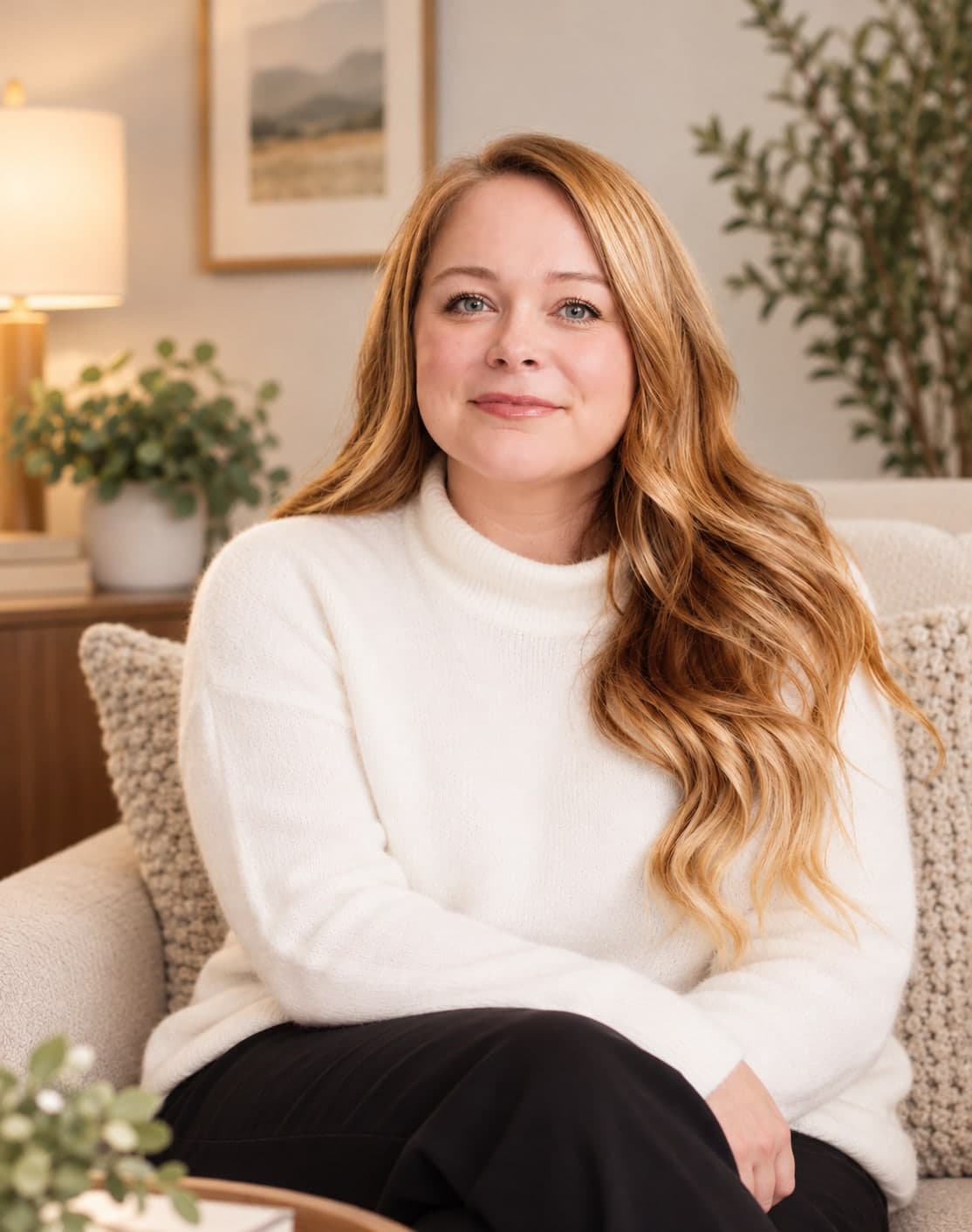 Hanna Newton, smiling, in a white sweater, seated in a warm living room