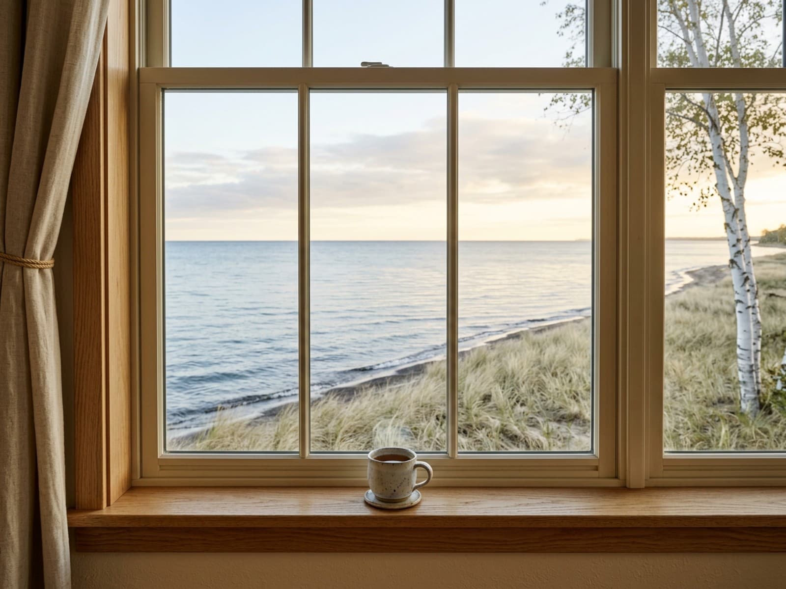 A window looking out over a Great Lakes shoreline in the early morning