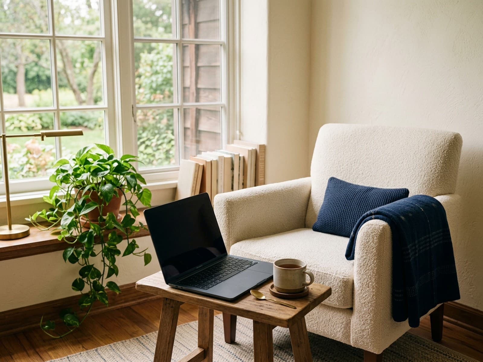 A quiet corner at home set up for a video session: an armchair, a laptop and a mug of tea