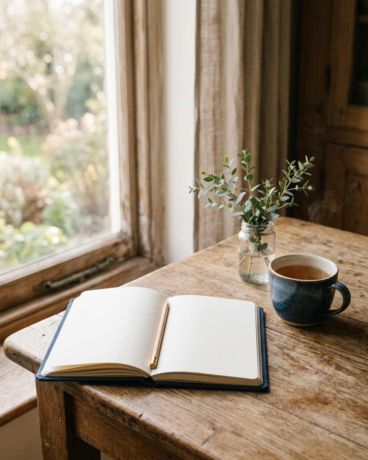 An open notebook and a pencil beside a cup of tea on a wooden table by a window