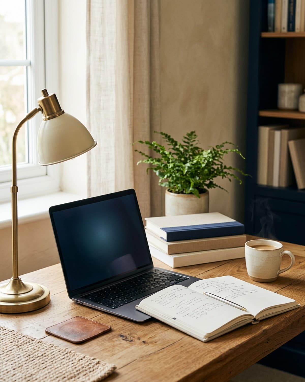 A home office desk set up for a video session: a laptop, an open notebook, a mug and a short stack of books