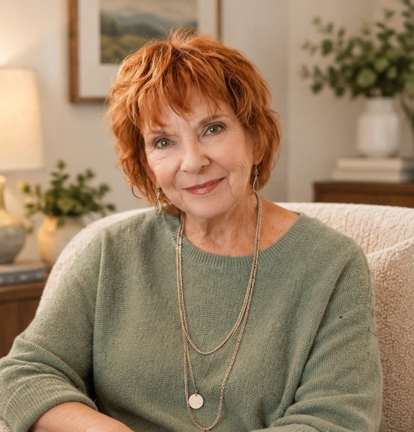 Karen Copeland, smiling softly, with short auburn hair, in a sage green sweater and long necklaces, seated in an armchair