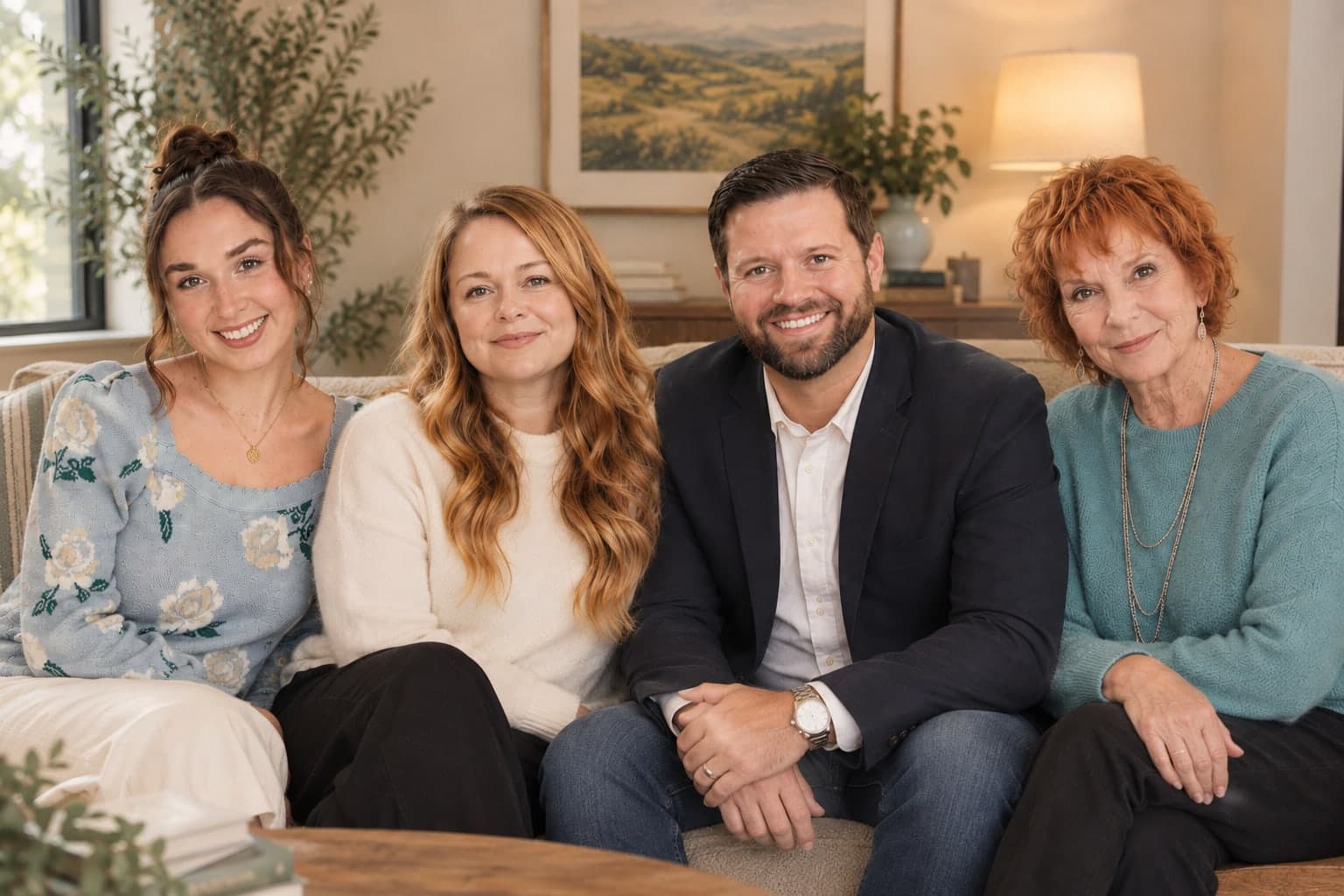 Kirsten Curtis, Hanna Newton, Jason Newton and Karen Copeland sitting together on a sofa in a warm living room