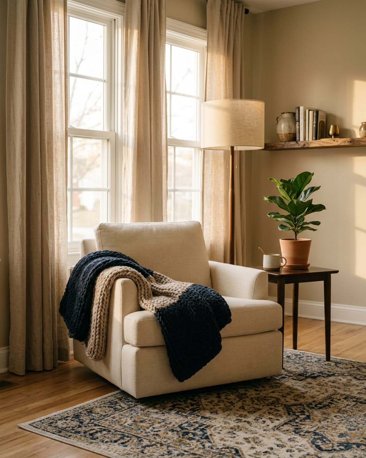 A quiet corner at home: an armchair with a knit blanket, a lamp and a plant in soft light